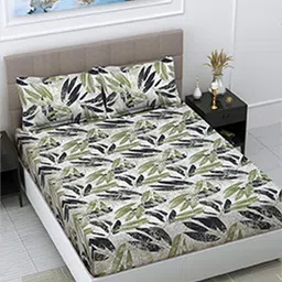 FABINALIV White & Green Floral 300 TC Fitted King Bedsheet With 2 Pillow Covers-37
