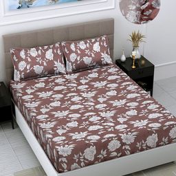 FABINALIV Brown & White Floral 300 TC Fitted King Bedsheet with 2 Pillow Covers-2