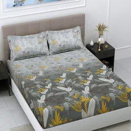 FABINALIV Grey & Yellow Floral 300 TC Fitted King Bedsheet With 2 Pillow Covers-image-93