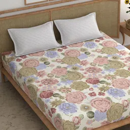CHHAVI INDIA Peach & Green Floral Cotton 210 TC King Bedsheet with 2 Pillow Covers-14
