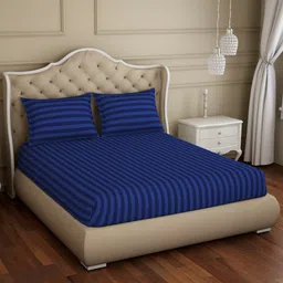 SPACES Skyrise Blue Striped Pure Cotton 210 TC King Bedsheet With 2 Pillow Covers-picture-10