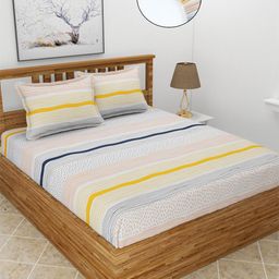 BREVARD White & Yellow Striped Fitted 210 TC King Bedsheet With 2 Pillow Covers-image-29