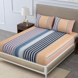 EasyGoods Merino Brown & Blue Striped 250 TC King Bedsheet With 2 Pillow Covers-picture-32