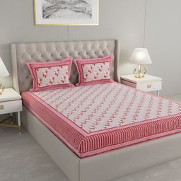 Wayne Martin Pink & Red Floral Cotton 240 TC King Bedsheet With 2 Pillow Covers-image-82