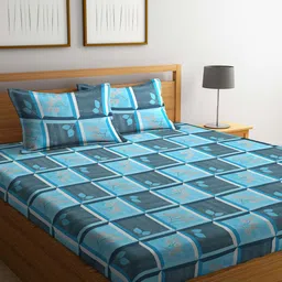 Dhrohar Blue & Grey Floral Cotton 240 TC Queen Bedsheet with 2 Pillow Covers-image-59