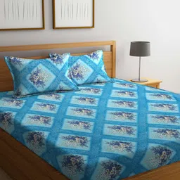 Dhrohar Blue & Pink Floral Cotton 240 TC Queen Bedsheet with 2 Pillow Covers-image-36