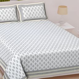 Texstylers Beige Floral Cotton Queen Bedsheet with 2 Pillow Covers-image-3