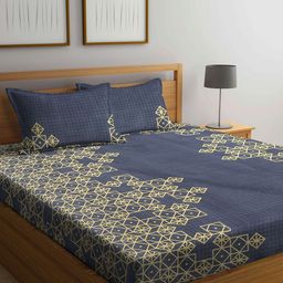 Arrabi Grey & Yellow 300 TC Super King Geometric Bedsheet with 2 Pillow Covers-picture-11