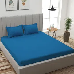 Story@home Blue Solid 300 TC Cotton 1 King Bedsheet with 2 Pillow Covers-6