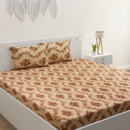HOME AFFAIRS Beige Floral 300 TC King Bedsheet with 2 Pillow Covers-image-25