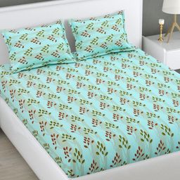 HOME AFFAIRS Sea Green & Brown Floral 300 TC King Bedsheet with 2 Pillow Covers-image-24