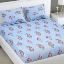 HOME AFFAIRS Turquoise Blue Floral 300 TC King Bedsheet with 2 Pillow Covers-image-47