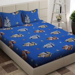 Arrabi Blue & Orange Floral 300 TC King Bedsheet with 2 Pillow Covers-picture-20