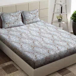 Arrabi Grey & White Floral 300 TC King Bedsheet with 2 Pillow Covers-image-95