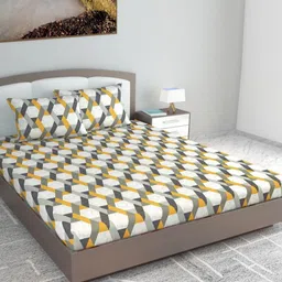 Divine Casa Yellow & White Geometric 144 TC King Bedsheet with 2 Pillow Covers-image-20