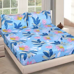 ROMEE Blue & Yellow Floral 150 TC Microfiber Queen Bedsheet & 2 Pillow Covers-image-84