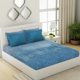 SPACES Blue Ethnic Motifs Egyptian Cotton 350 TC King Bedsheet with 4 Pillow Covers-image-21