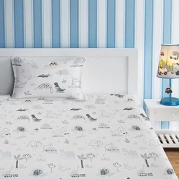 URBAN DREAM White Dino Printed 210 TC Cotton Single Bedsheet with 1 Pillow Cover image 3