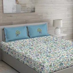 GM White & Blue Floral 150 TC Cotton 1 Queen Bedsheet with 2 Pillow Covers-image-84