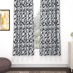 Bedspun Set Of 2 Black & White Printed Polyester Eyelet Ringtop Window Curtains-5 feet image 1