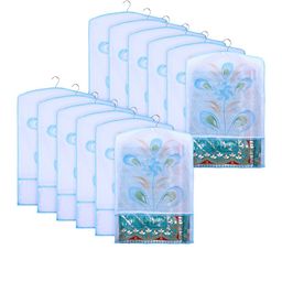 Kuber Industries Blue & Transparent 12 Pieces Printed Hanging Saree Cover Organizers-45
