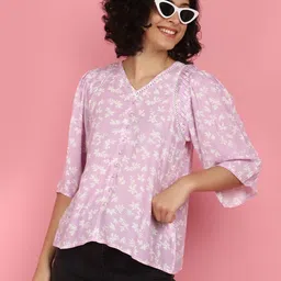 V-Mart Floral Printed V-Neck Flared Sleeves Schiffli Detail High-Low Top-image-36