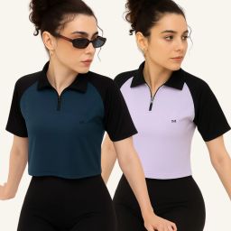 Pack of 2 Women Solid Zip Neck Polyester Green, Purple T-Shirt-image-84