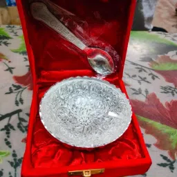 Handicrafts Brass Steel with Spoon Silver Plated Two-piece set for a Diwali gift Bowl, Spoon Serving Set-18
