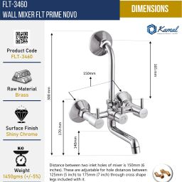 kamal Wall Mixer FLT Prime Novo | Fully Brass | With Provision for overhead shower connection and 165mm bend pipe | Easy to use click fitting | 7 Years Warranty Mixer Faucet image 3