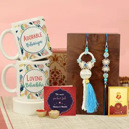 Tied Ribbons Set of 2 Rakhi, Coffee Mugs, Greeting Card & Roli Chawal Gift Set-44