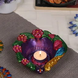 Aapno Rajasthan Purple Handcrafted Terracotta Floral Design Diya-5