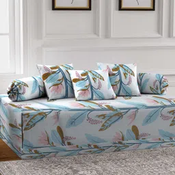 Arrabi Set of 6 Teal-green and white Leaf TC Cotton Blend Diwan Set-43