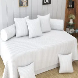 Homefab India 8 Pcs White Striped Satin Finished Cotton Diwan Set-37
