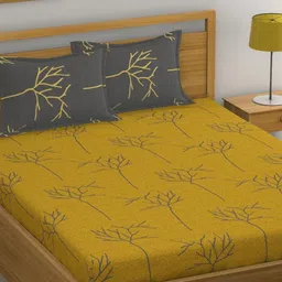 Huesland Yellow & Grey Floral 144 TC Cotton King Bedsheet with 2 Pillow Covers-image-64