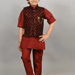 ahhaaaa Boys Self-Design Velvet Sherwani Set-45