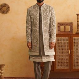 Denis Parkar Men Embroidered Mandarin Collar Sherwani Set-picture-29
