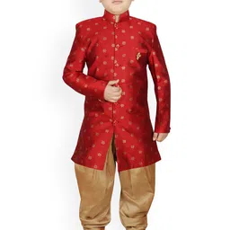 SG YUVRAJ Boys Maroon & Golden Printed Sherwani Set-50