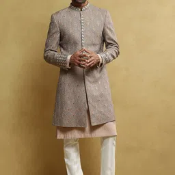 Soniya g Embroidered Mandarin Collar Pure Silk Sherwani Set-picture-57