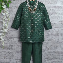 ahhaaaa Boys Embellished Mandarin Collar Indo-Western Sherwani Set-37
