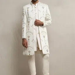Soniya g Metal Worked Italian Crepe Open Silk Sherwani Set-image-5