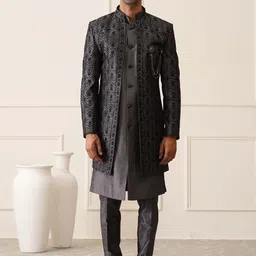 Denis Parkar Men Self Design Mandarin Collar Sherwani Set-image-33
