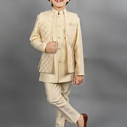 ahhaaaa Boys Self Design Mandarin Collar 3 Piece Sherwani Set-28