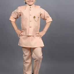 ahhaaaa Boys Mandarin Collar Kurta & Trousers with Thread Work Nehru Jacket-29
