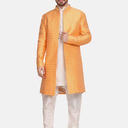 TAHVO Men Peach Printed Cotton Sherwani-image-21