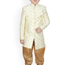 SG YUVRAJ Boys Cream Colored & Golden Woven Design Sherwani-image-9