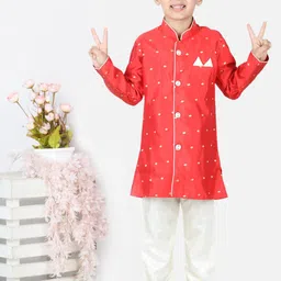 BownBee Boys Red Printed Silk Sherwani-55