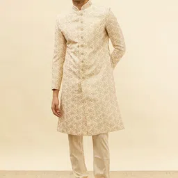 Manyavar Floral Embroidered Mandarin Collar Beads & Stones Sherwani Set-image-16
