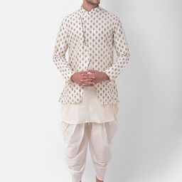 DEYANN Men Off White & Gold-Toned Short Achkan Printed Sherwani With Pathani-picture-25
