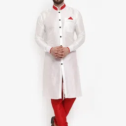 Benstoke Men White & Red Solid Sherwani Set-picture-11
