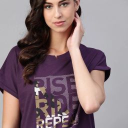 Women Printed Round Neck Pure Cotton Purple T-Shirt-image-97